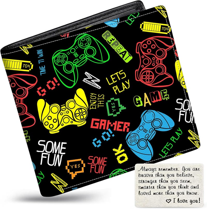 Mindow Boys Wallet for Kids, Teen Boy Gamer Wallets 9-12 8-10 8-12, Cool Novelty Leather Bifold Rfid Blocking Purse Coin Pocket Zipper Id Window for Children Male Youth Guys Gaming Birthday Christmas Gifts - Image 1